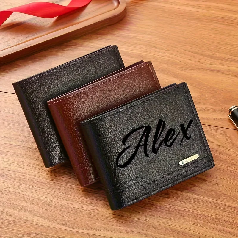 Bifold Leather Wallet - Personalizowane teksty i inicjały, jednolita kolorystyka