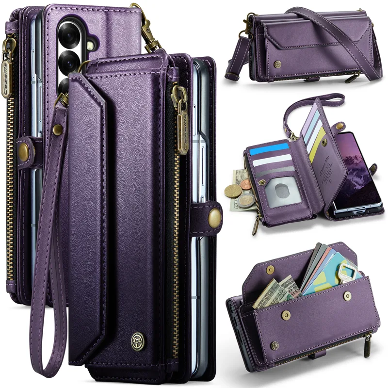 Bifold Leather Wallet - Skórzane etui z diagonalnym paskiem, długim