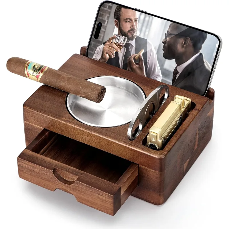 Men Accessories Drawer - Drewniane popielniczki z uchwytem na telefon/tablet,