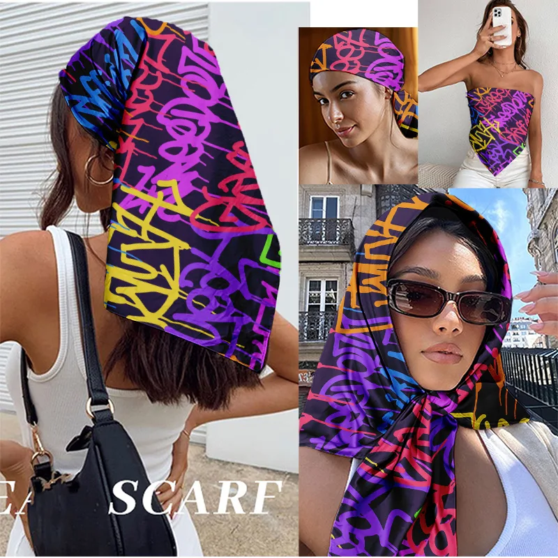 Men Accessories For Neck - Kolorowa kwadratowa chusta graffiti 90x90cm, satynowa